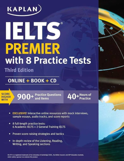 IELTS Premier with 8 Practice Tests Kaplan book cover